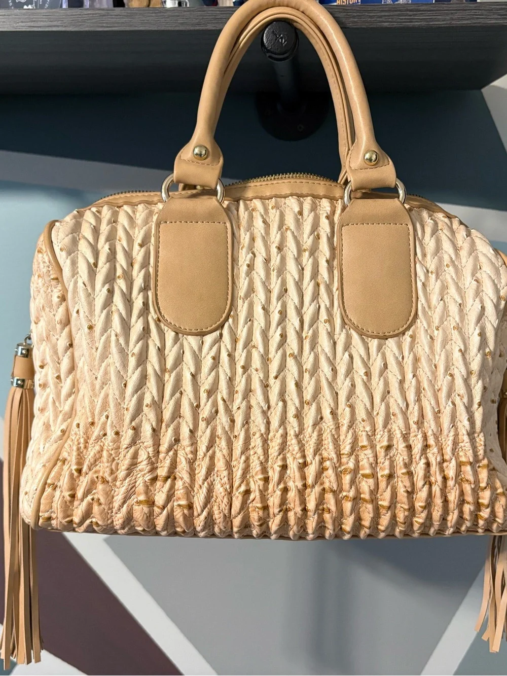 Cream Braided Satchel Handbag with Tan Trim